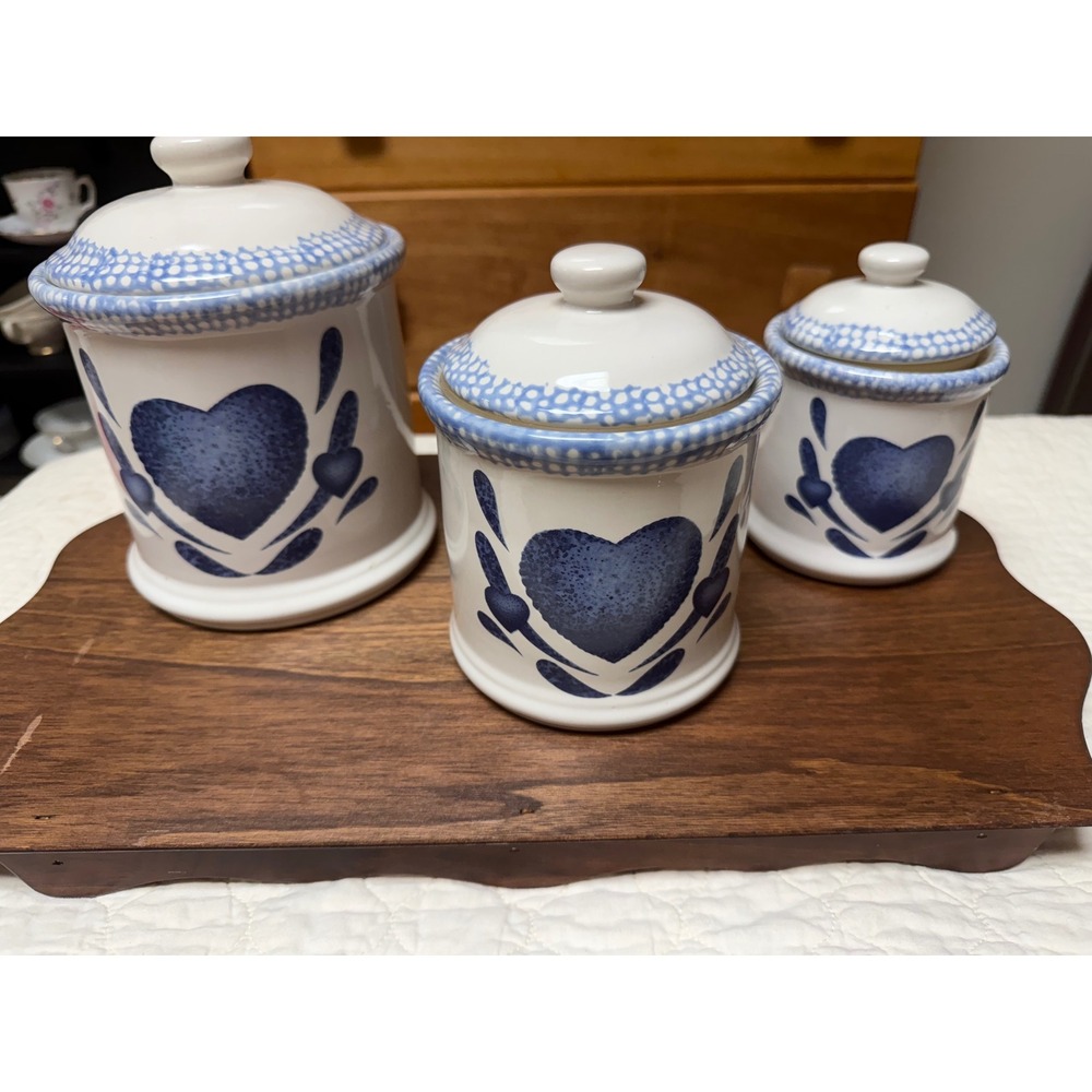 Vintage 1996 ABC Distributing Blue Heart Ceramic Canister Set 3 Piece Farmhouse